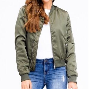 MONTREZ Silky Satin Olive Green Bomber Jacket | Ribbed Collar & Cuffs | Summer